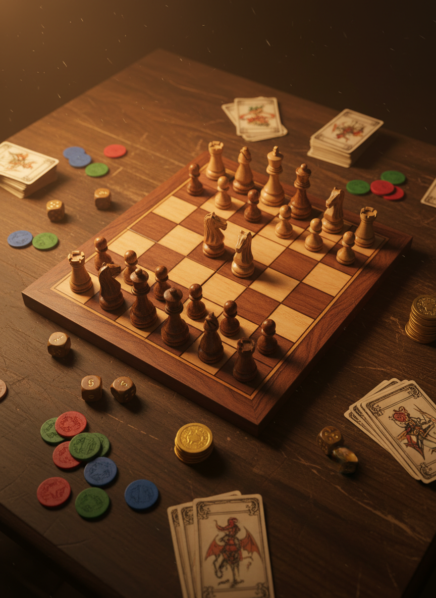 A top-down view of a wooden board game with chess pieces, dice and colorful tokens