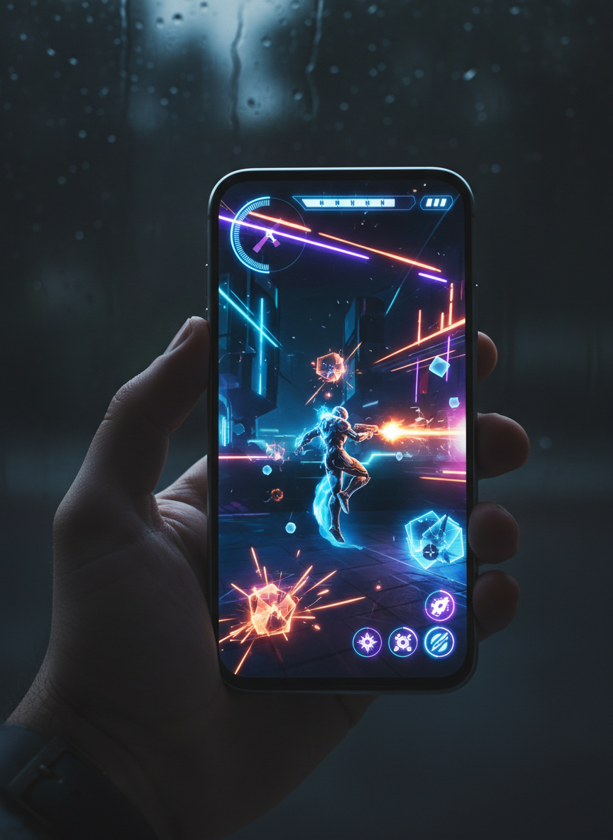 A smartphone displaying a vibrant colorful mobile game interface with glowing neon colors