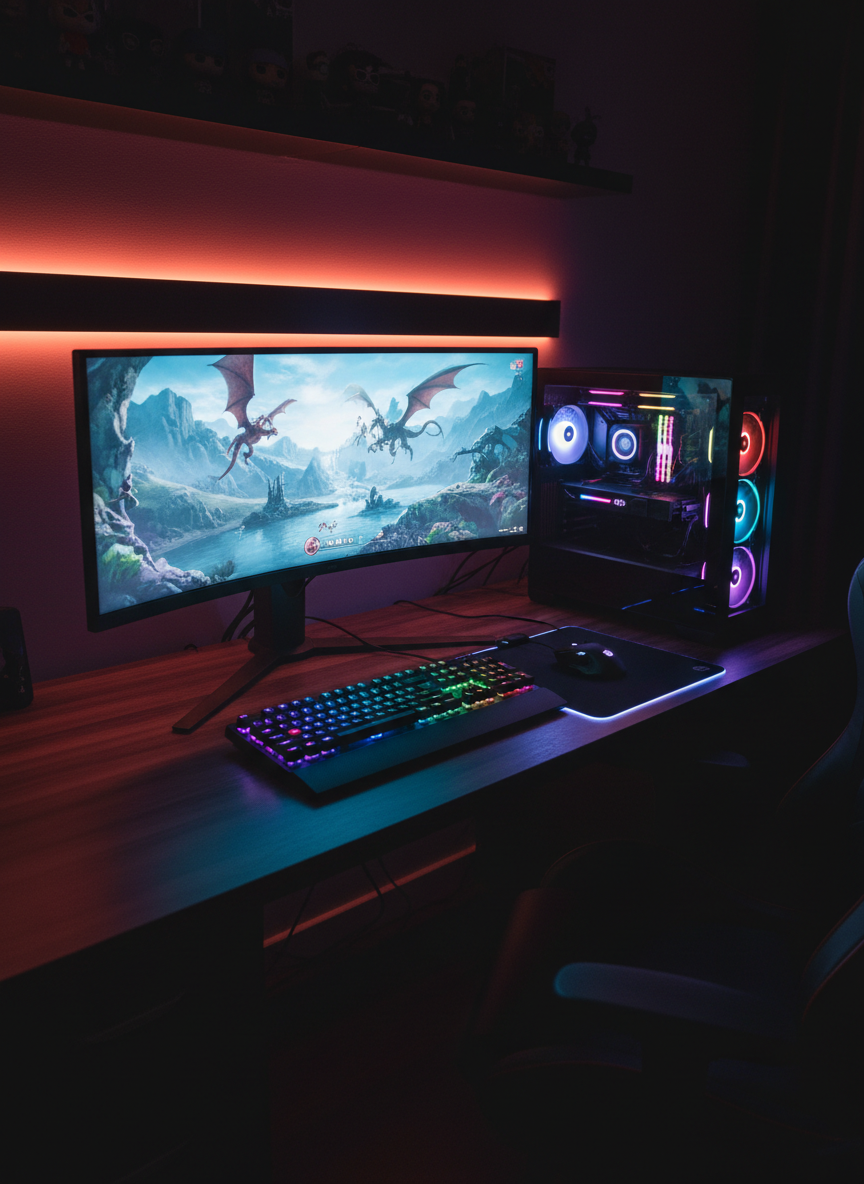 A gaming PC setup with RGB keyboard and monitor showing an epic video game scene in a neon-lit room